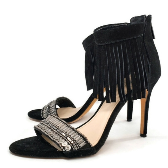 Vince Camuto Shoes - Vince Camuto Trumen Black Suede Fringe Trim Ankle Wrap Silver Beaded Sandal Heel